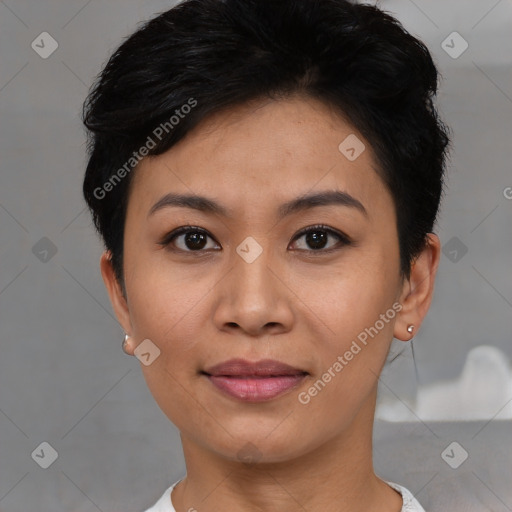 Joyful asian young-adult female with short  black hair and brown eyes