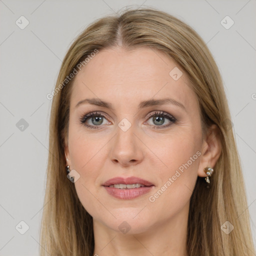 Joyful white young-adult female with long  brown hair and grey eyes