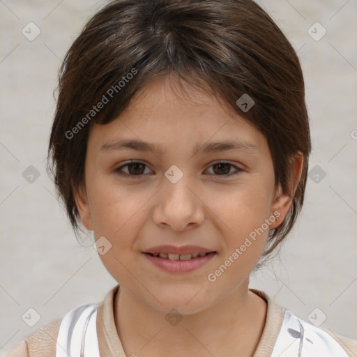 Joyful white child female with medium  brown hair and brown eyes