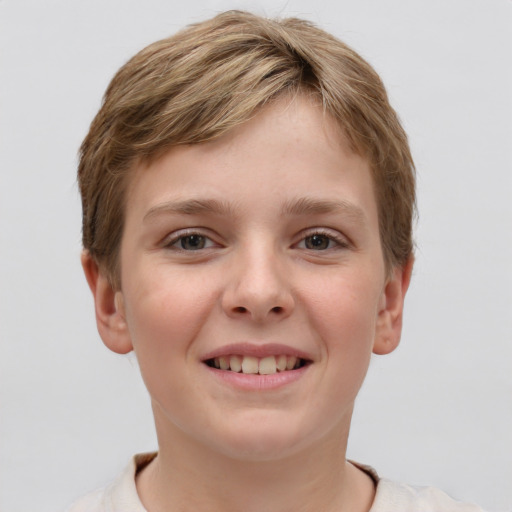 Joyful white child female with short  brown hair and grey eyes