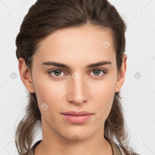 Neutral white young-adult female with medium  brown hair and brown eyes