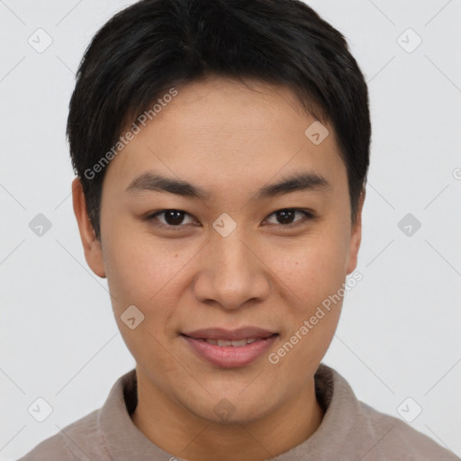 Joyful asian young-adult female with short  brown hair and brown eyes