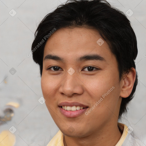 Joyful asian young-adult female with short  brown hair and brown eyes