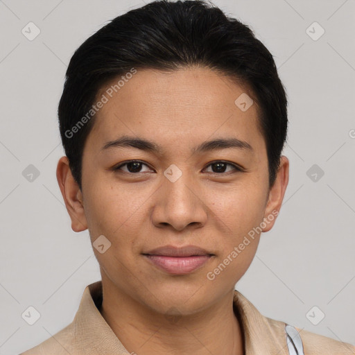 Joyful asian young-adult female with short  brown hair and brown eyes