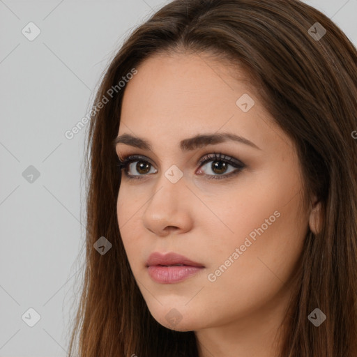 Neutral white young-adult female with long  brown hair and brown eyes