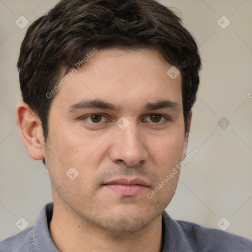 Neutral white young-adult male with short  brown hair and grey eyes