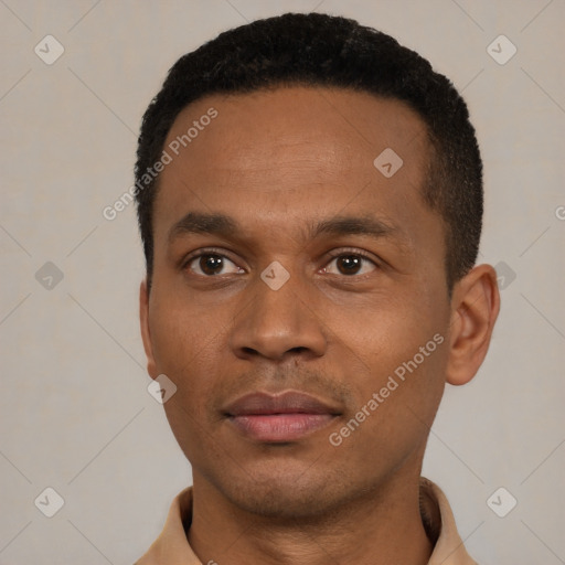 Neutral black young-adult male with short  black hair and brown eyes