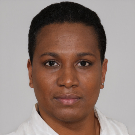 Neutral black young-adult female with short  brown hair and brown eyes