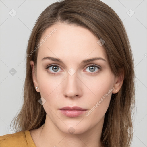 Neutral white young-adult female with long  brown hair and grey eyes