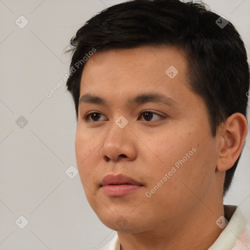 Neutral asian young-adult male with short  black hair and brown eyes