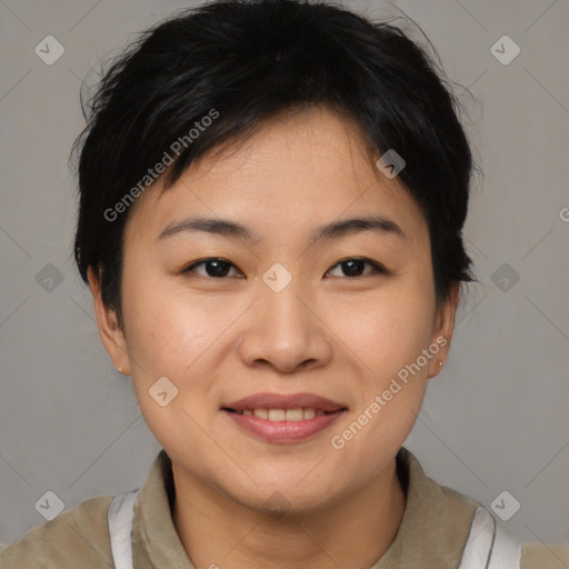 Joyful asian young-adult female with short  brown hair and brown eyes