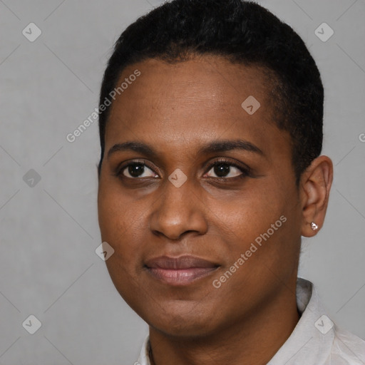 Joyful black young-adult female with short  black hair and brown eyes