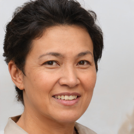 Joyful white adult female with short  brown hair and brown eyes