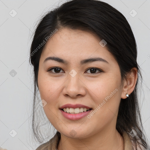 Joyful white young-adult female with medium  brown hair and brown eyes