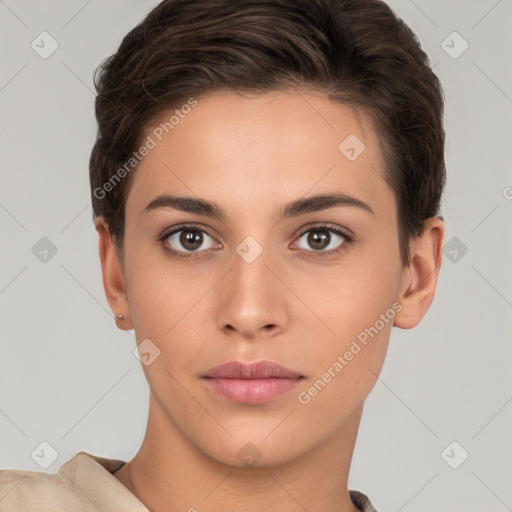 Neutral white young-adult female with short  brown hair and brown eyes