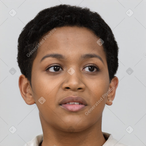 Neutral black young-adult female with short  brown hair and brown eyes