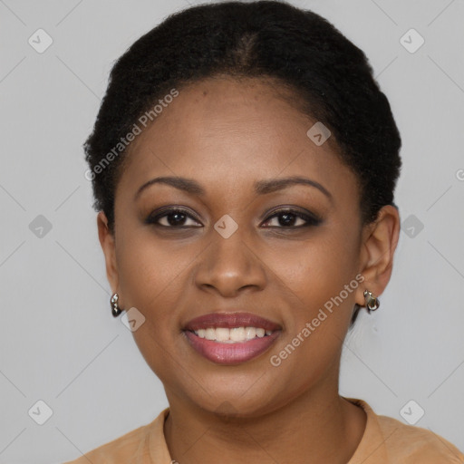 Joyful black young-adult female with short  brown hair and brown eyes