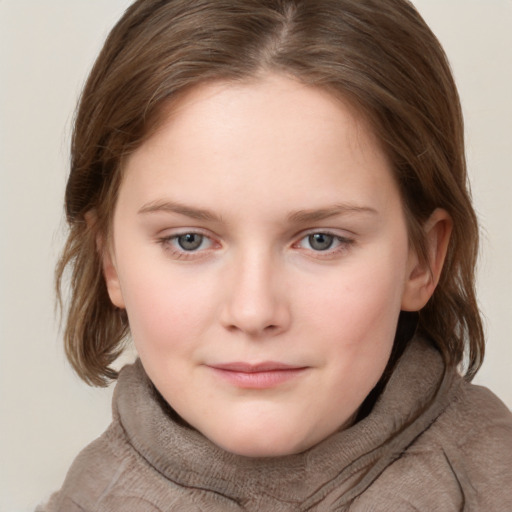 Neutral white child female with long  brown hair and grey eyes