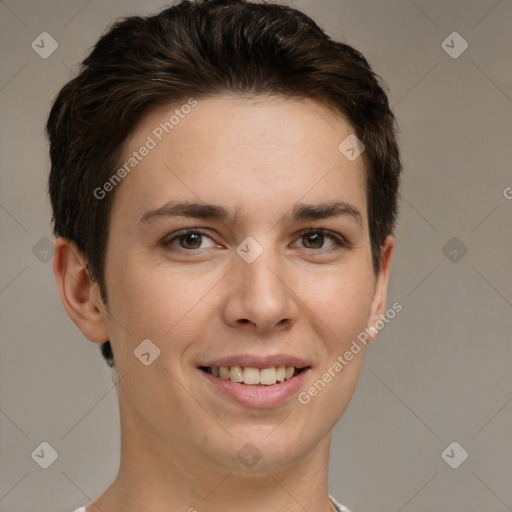 Joyful white young-adult female with short  brown hair and grey eyes