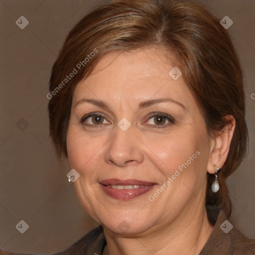 Joyful white adult female with medium  brown hair and brown eyes