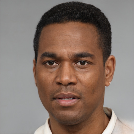 Neutral black young-adult male with short  black hair and brown eyes