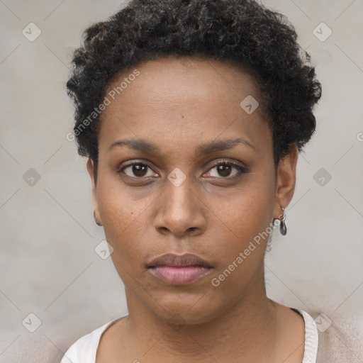 Neutral black young-adult female with short  black hair and brown eyes