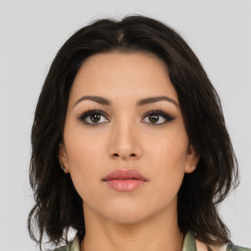 Neutral asian young-adult female with medium  brown hair and brown eyes