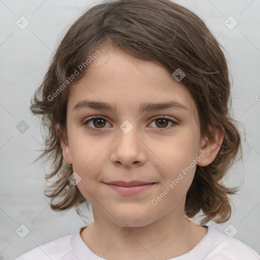 Joyful white child female with medium  brown hair and brown eyes