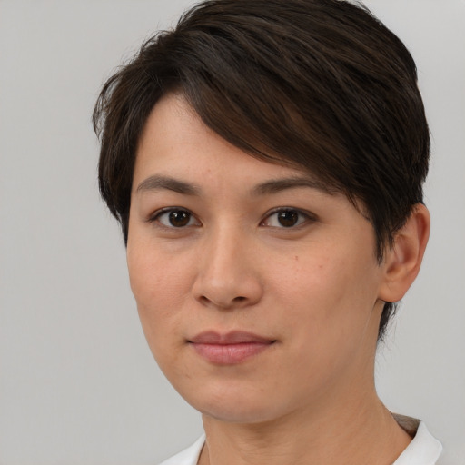 Neutral white young-adult female with short  brown hair and brown eyes