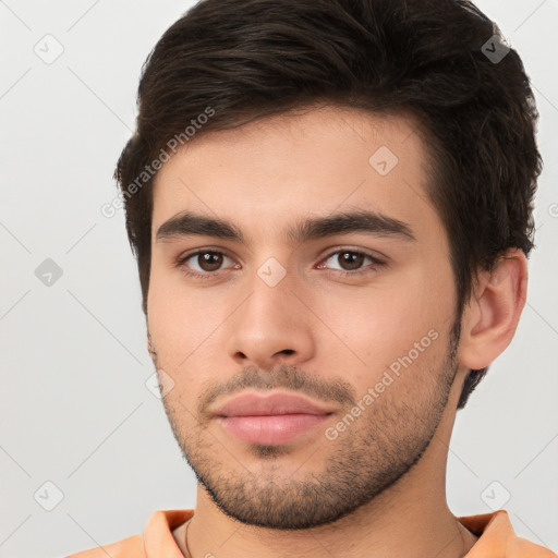 Neutral white young-adult male with short  brown hair and brown eyes