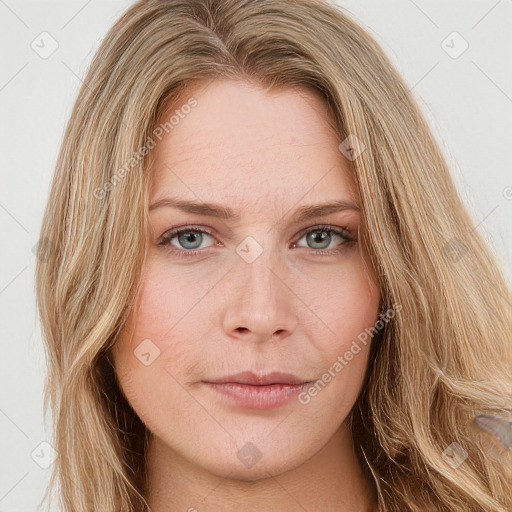 Neutral white young-adult female with long  brown hair and grey eyes