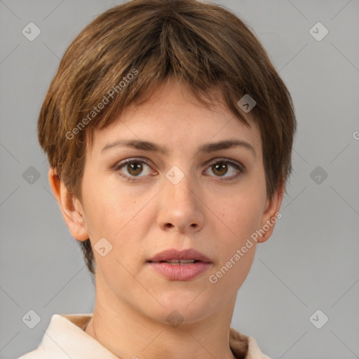 Neutral white young-adult female with short  brown hair and brown eyes