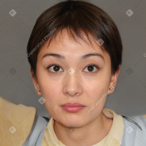 Neutral white young-adult female with medium  brown hair and brown eyes