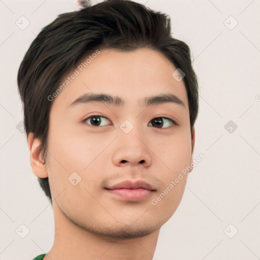 Neutral asian young-adult male with short  black hair and brown eyes