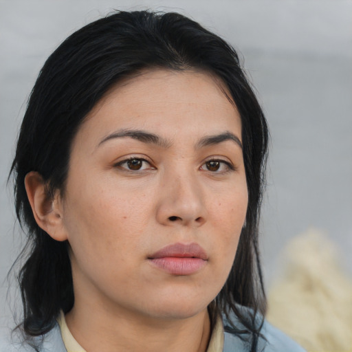 Neutral asian young-adult female with medium  brown hair and brown eyes
