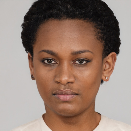 Neutral black young-adult female with short  black hair and brown eyes