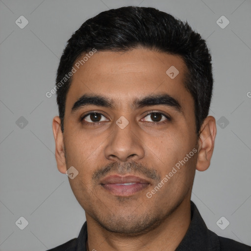 Neutral latino young-adult male with short  black hair and brown eyes