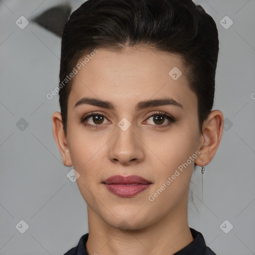 Joyful white young-adult female with short  brown hair and brown eyes