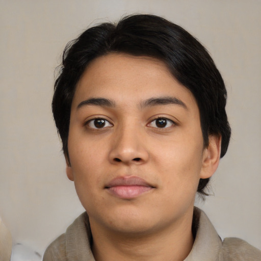 Neutral asian young-adult female with short  black hair and brown eyes