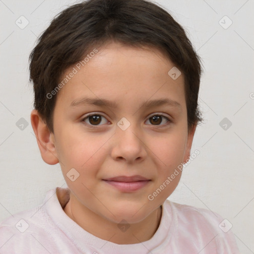 Joyful white child female with short  brown hair and brown eyes