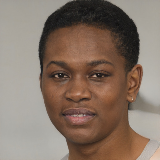 Joyful black young-adult female with short  brown hair and brown eyes