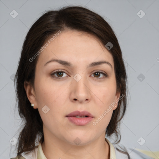 Neutral white young-adult female with medium  brown hair and brown eyes