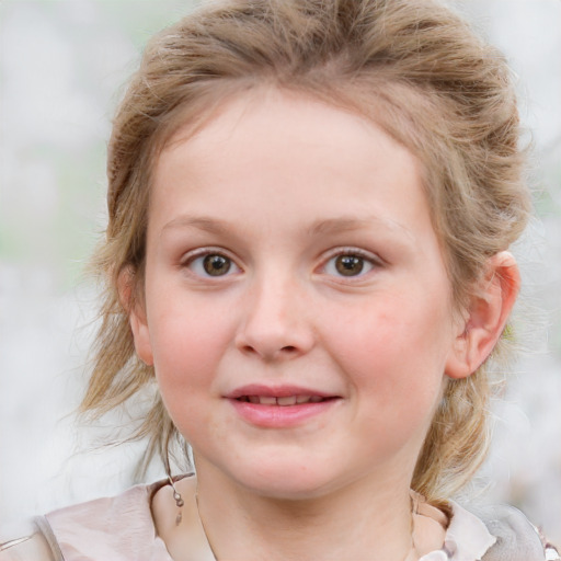 Joyful white child female with medium  brown hair and blue eyes