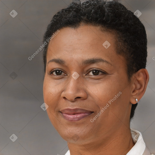 Joyful black adult female with short  brown hair and brown eyes