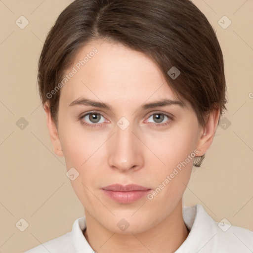 Neutral white young-adult female with short  brown hair and brown eyes