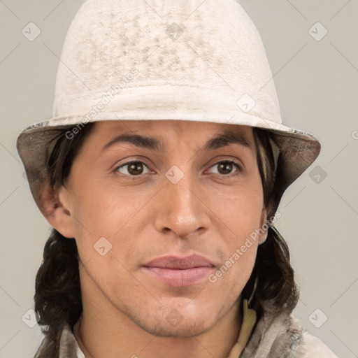 Joyful white adult male with short  brown hair and grey eyes