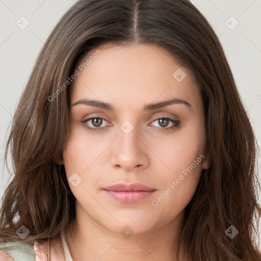 Neutral white young-adult female with long  brown hair and brown eyes