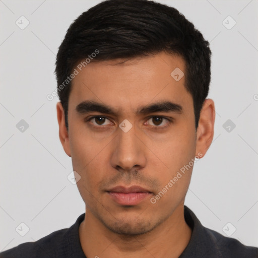 Neutral latino young-adult male with short  black hair and brown eyes