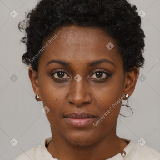 Neutral black young-adult female with short  brown hair and brown eyes