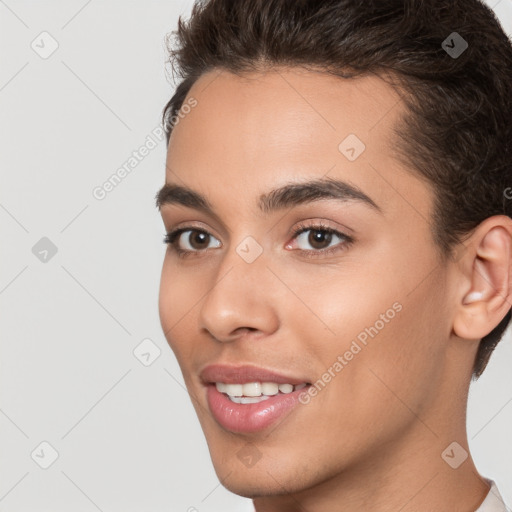 Joyful white young-adult female with short  brown hair and brown eyes